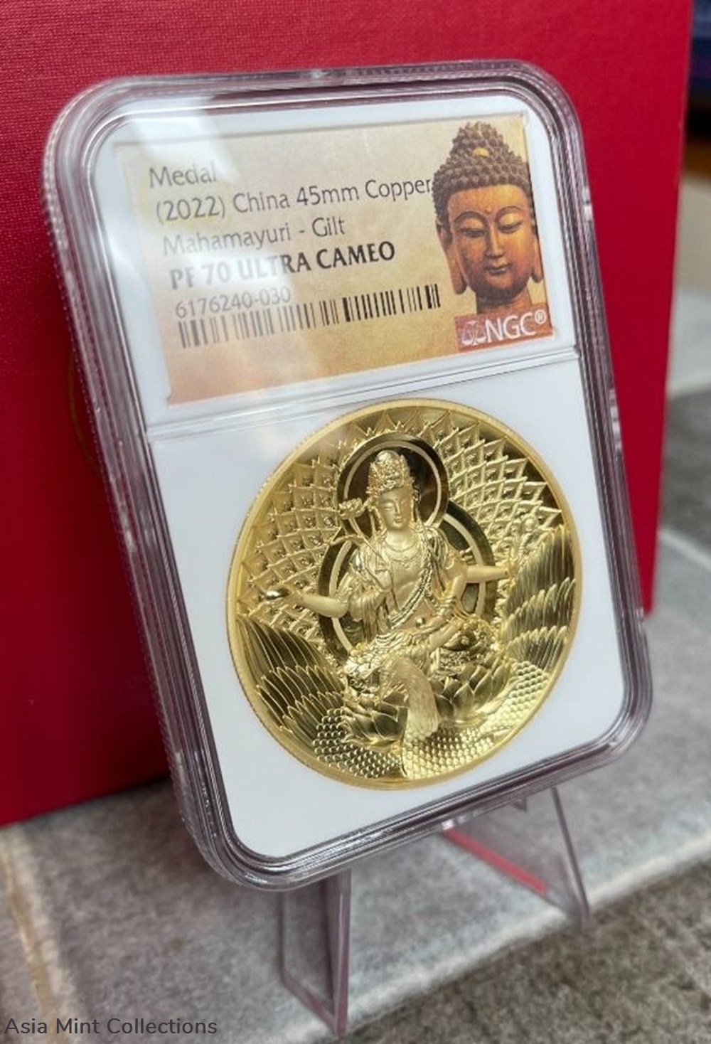 2022 China Cooper Gilded Proof Medal - Mahamayuri - NGC PF70 With Special Buddha Head Label 3 minerals meteorites copper 2022 china cooper gilded proof medal mahamayuri ngc pf70 with special buddha head label