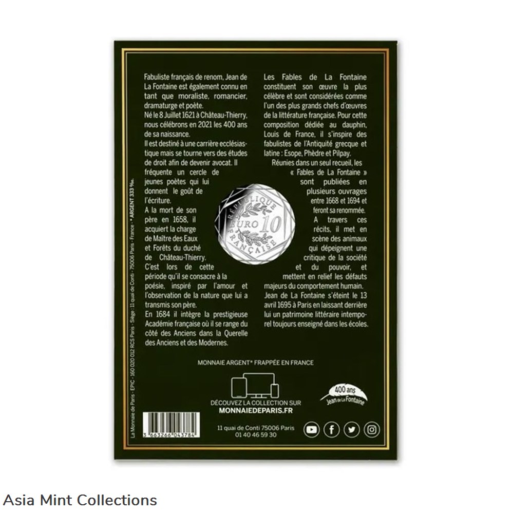 2021 - CURRENCY OF € 10 MONEY - 400 YEARS OF JEAN DE LA FONTAINE 4 coins ingots bullion silver coin 2021 currency of 10 money 400 years of jean de la fontaine