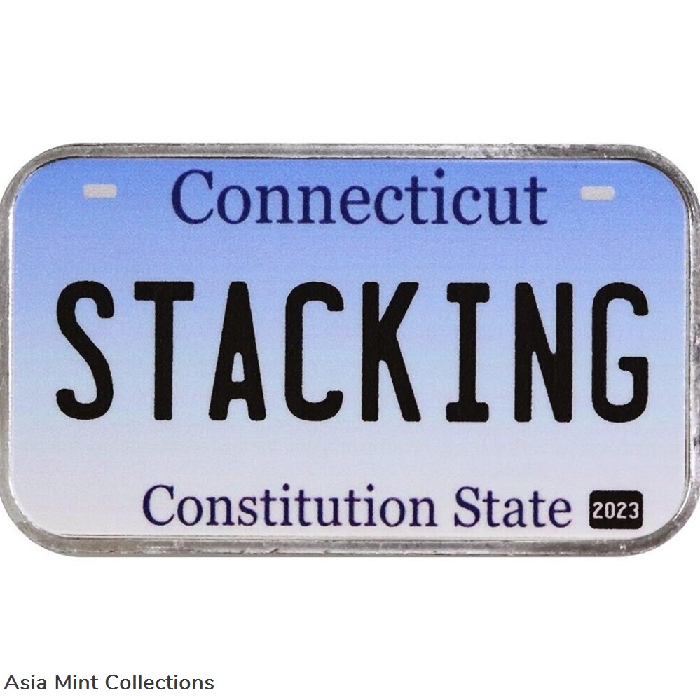 2023 - 1 oz Silver Bar ~ Stacking Across America Connecticut License Plate ~ New w/ COA coins ingots bullion coin 2023 1 oz silver bar stacking across america connecticut license plate new w coa