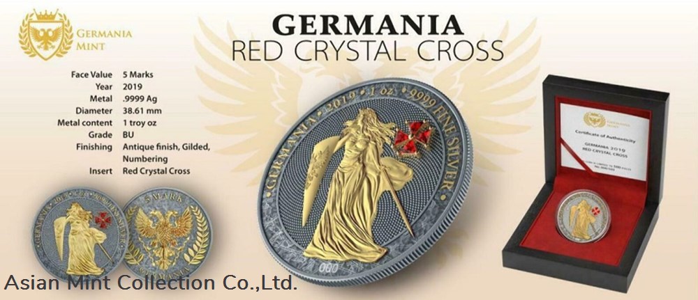 coins ingots bullion 2019 germania red crystal cross 1oz silver antique finish coin