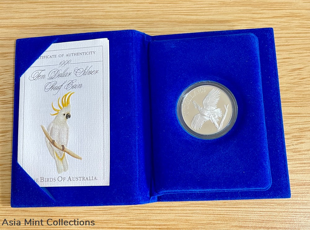 1990 SILVER PROOF $10 COIN - BIRDS OF AUSTRALIA - WHITE COCKATOO 3 coins ingots bullion 1990 silver proof 10 coin birds of australia white cockatoo