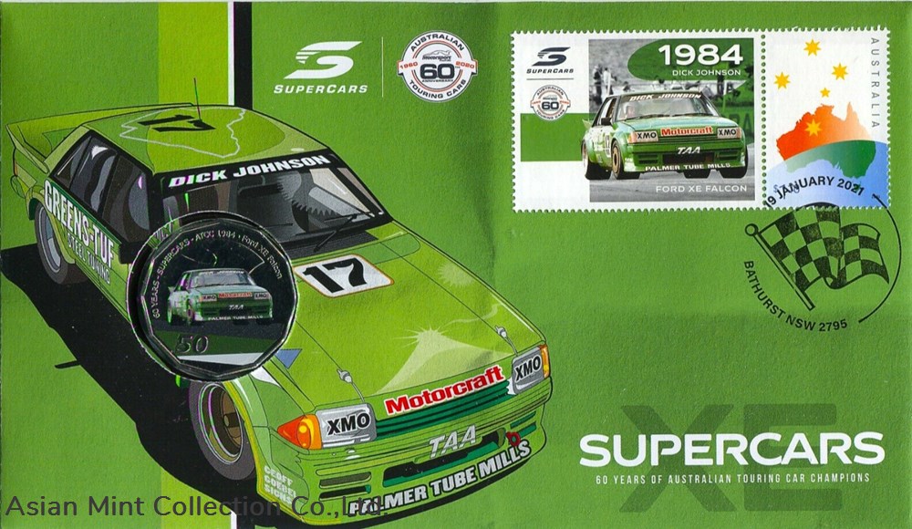 2021 Supercars Ford XE Falcon PNC/FDC RAM 50 cent colored coin & $1 Ford Stamp coins 2021 supercars ford xe falcon pnc fdc ram 50 cent colored coin 1 ford stamp