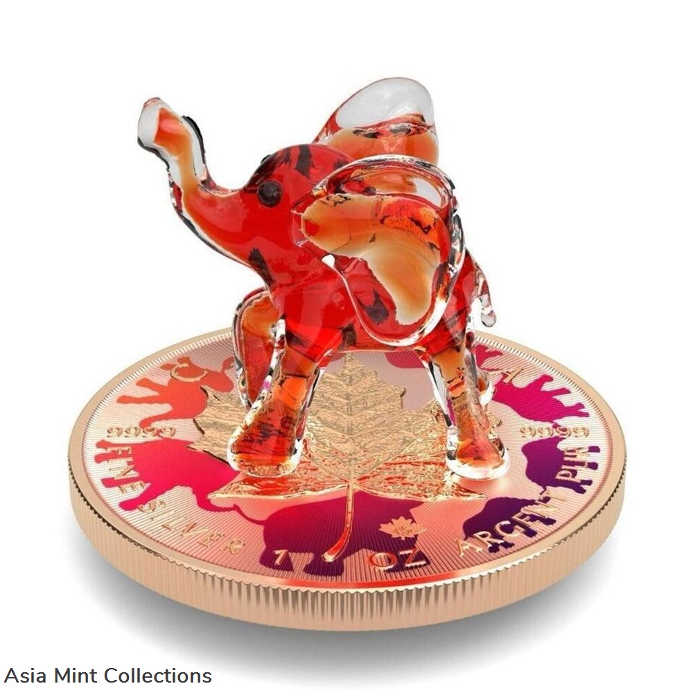 2022 - 1 Oz Silver Coin $5 Canada Maple Leaf Murano Glass Series - Red Elephant 3 coins ingots bullion 2022 1 oz silver coin 5 canada maple leaf murano glass series red elephant