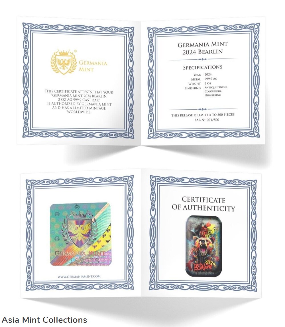 2024 Germania Mint BEARLIN Edition Colorized 2 oz .999 Silver Bar Box/COA 4 coins ingots bullion coin 2024 germania mint bearlin edition colorized 2 oz 999 silver bar box coa