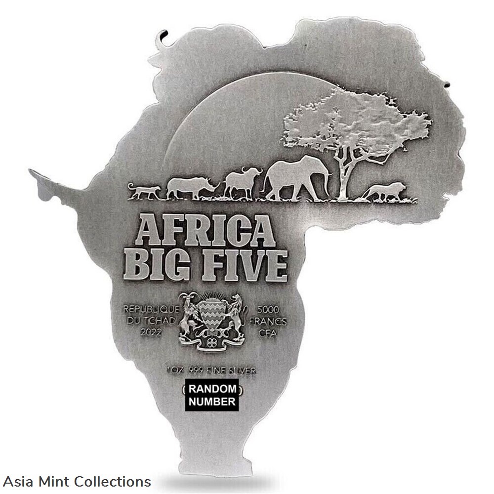 coins ingots bullion 2022 1 oz silver coin chad 5000 cfa francs big five africa shaped high relief