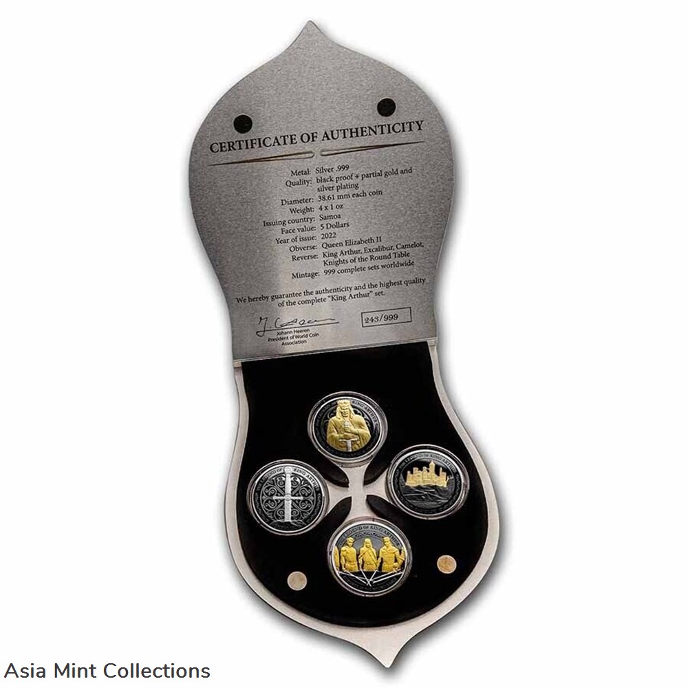 2022 Samoa King Arthur 4x1oz Silver Black Proof Coin Set coins ingots bullion 2022 samoa king arthur 4x1oz silver black proof coin set
