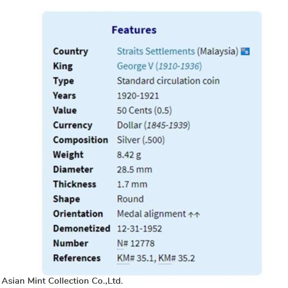 1920 50CENTS STRAITS SETTLEMENTS DUIT LAMA, UNC 5 coins world malaysia 1920 50cents straits settlements duit lama unc