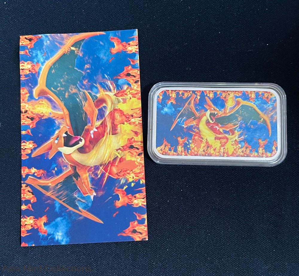 Fire Charizard Pokémon Trading Card - 1 troy oz .999 Fine Silver Proof CoLoR Bar coins ingots bullion coin fire charizard pokemon trading card 1 troy oz 999 fine silver proof color bar