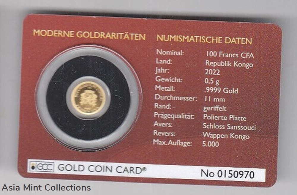 2022 - Gold Coin Card - Congo 100 Francs CF Gold PP Castle Sanssouci coins ingots bullion 2022 gold coin card congo 100 francs cf gold pp castle sanssouci