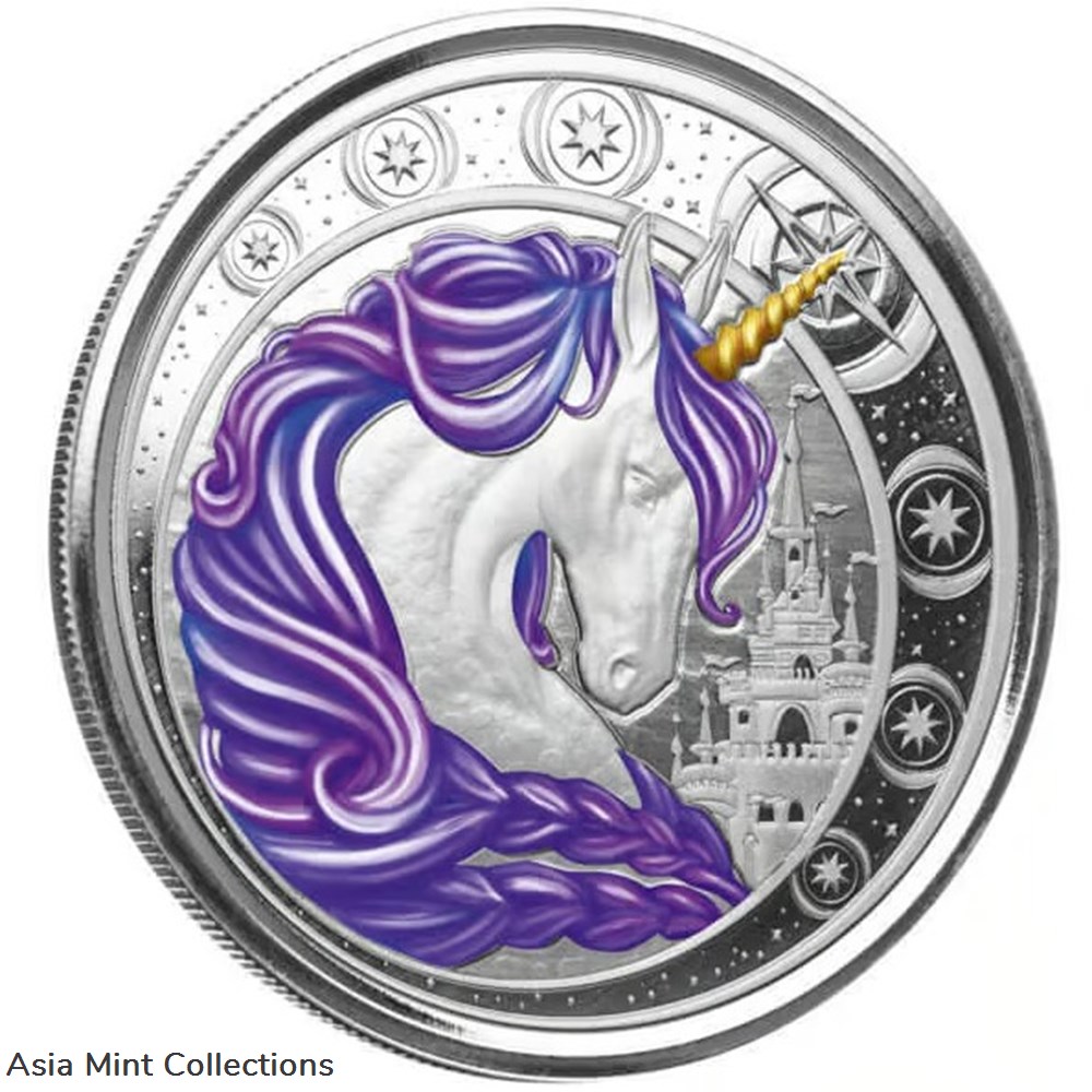 2023 - Ghana Unicorn ""Aurora"" 1oz Silver 999 Color with Certi Log Coincard 2 coins ingots bullion 2023 ghana unicorn aurora 1oz silver 999 color with certi log coincard