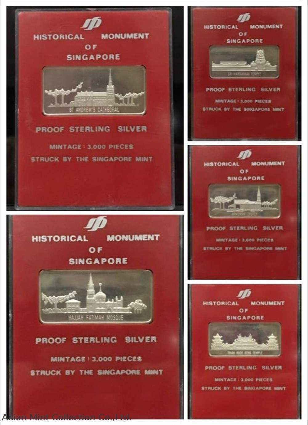 1979 Historical Monuments Of Singapore 🇸🇬 5 Solid Sterling Silver Ingots. 3 coins 1979 historical monuments of singapore 5 solid sterling silver ingots