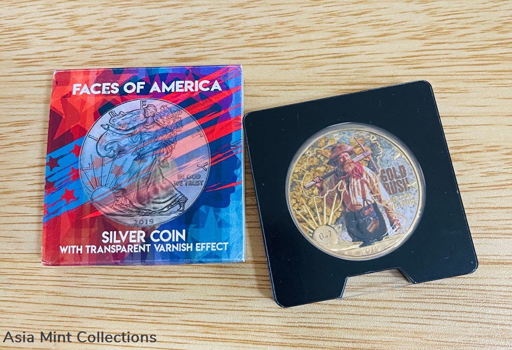 2019 - USA 1$ Faces of America - Gold Rush 1 Oz Silver Coin with Varnish coins ingots bullion 2019 usa 1 faces of america gold rush 1 oz silver coin with varnish