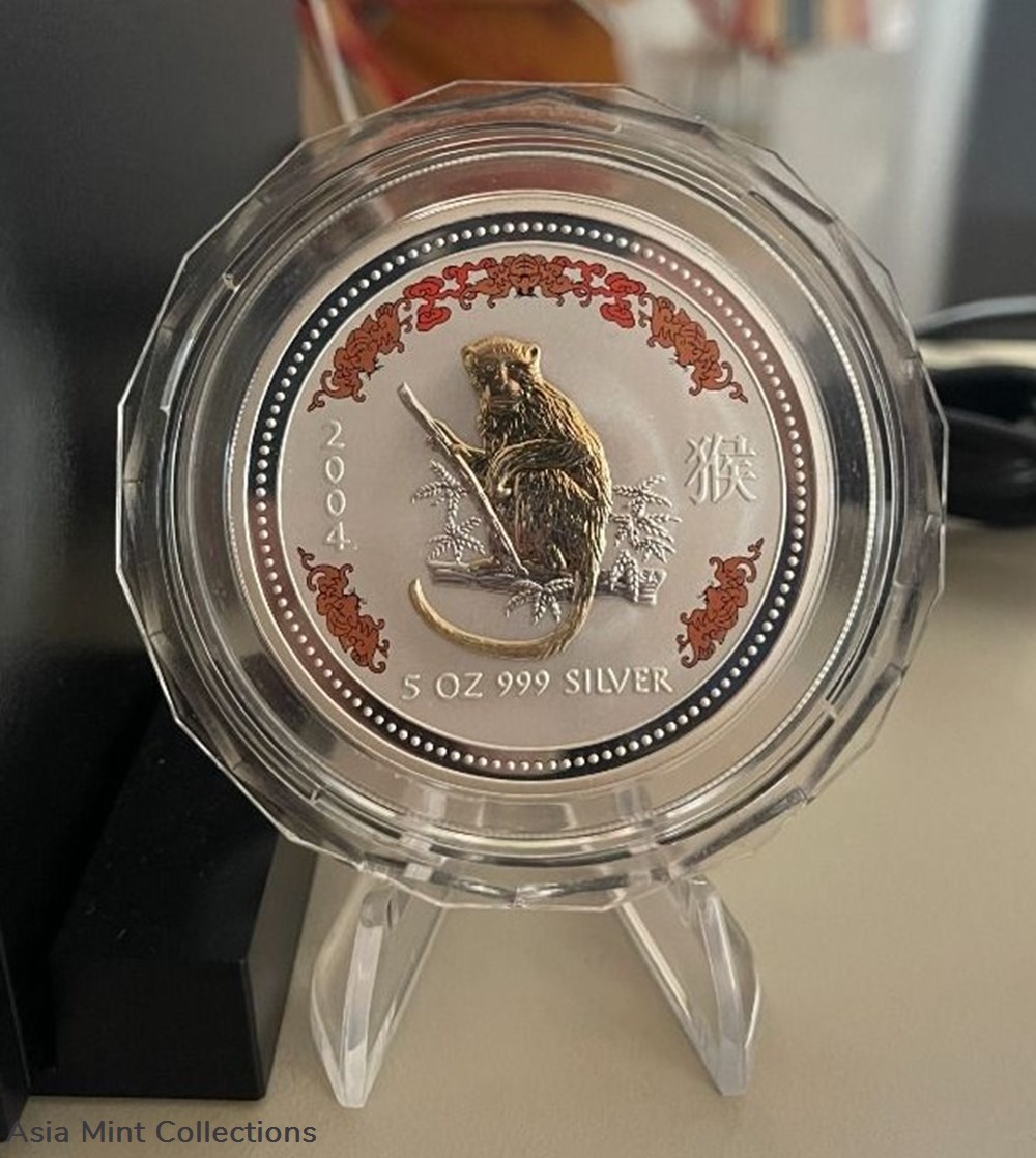 2004 Australia $8 Lunar Monkey Silver Coloured + Gilded Edition Coin - 5oz 2 coins ingots bullion 2004 australia 8 lunar monkey silver coloured gilded edition coin 5oz