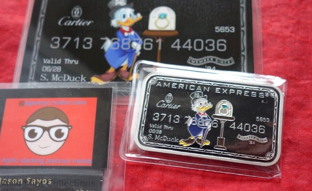 Scrooge McDuck "American Express Cartier" 1oz .999 Fine SILVER Enameled Art Bar coins world united states scrooge mcduck american express cartier 1oz 999 fine silver enameled art bar
