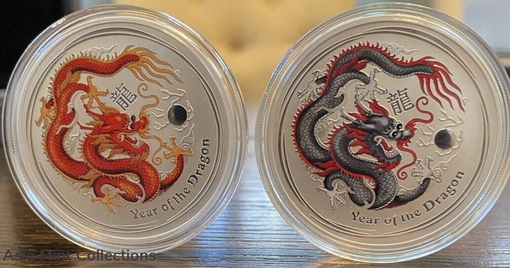 2012 - Silver and gold proof coins, Australia's 10-color dragon set. 3 ingots bullion 2012 silver and gold proof coins australia s 10 color dragon set