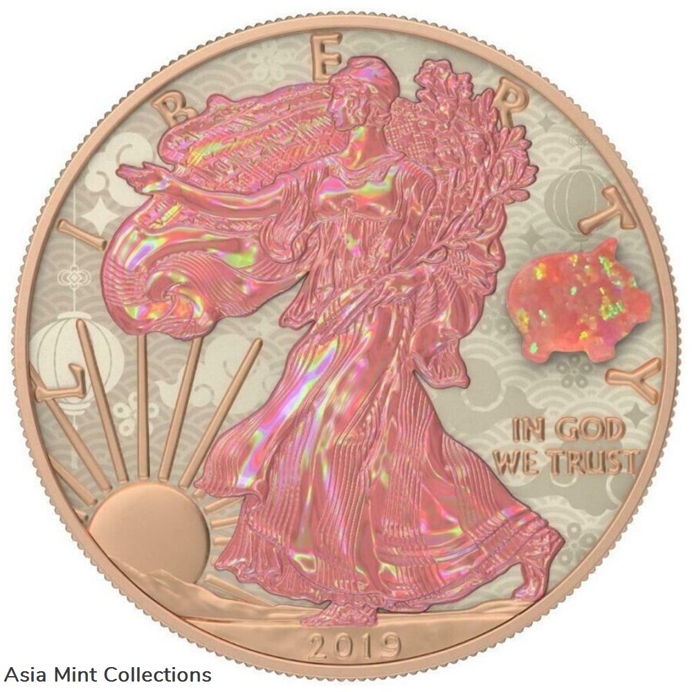 2019 - 1 Oz Silver Coin American Eagle $1 Year of The Pig Amulet Opal Stone coins ingots bullion 2019 1 oz silver coin american eagle 1 year of the pig amulet opal stone
