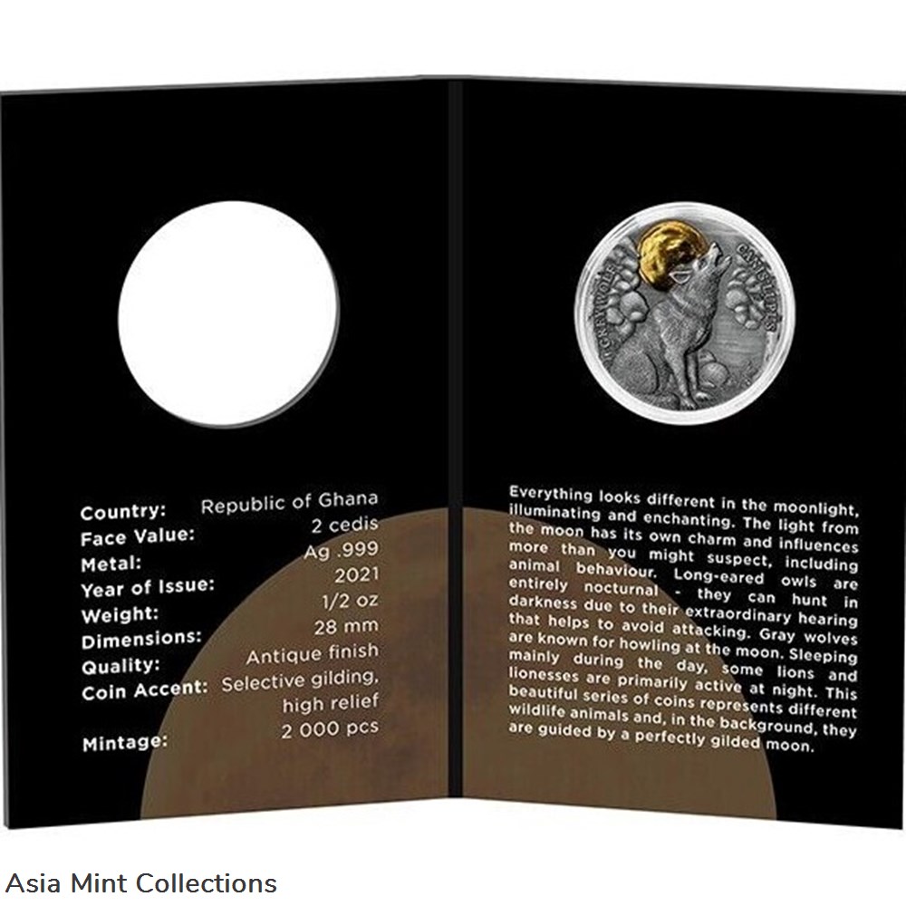 coins ingots bullion 2021 grey wolf wildlife in the moonlight 1 2 oz antique finish silver coin ghana