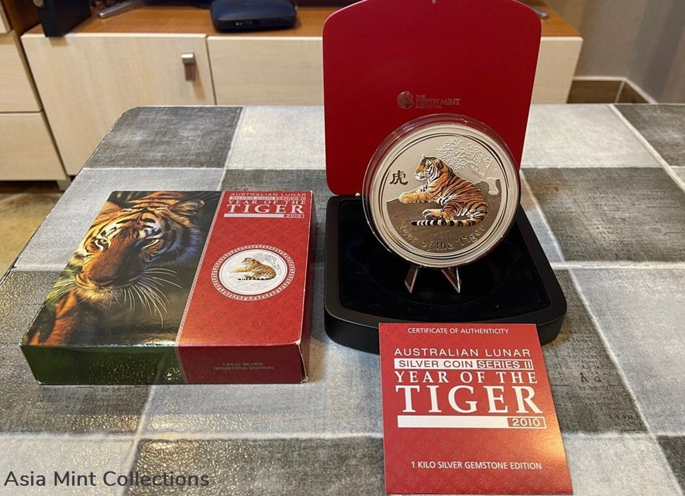 2010 Australia $30 (Series II) Lunar Year Of Tiger 1-Kilo Silver Coin with Topaz Gems on Eyes 8 coins ingots bullion 2010 australia 30 series ii lunar year of tiger 1 kilo silver coin with topaz gems on eyes