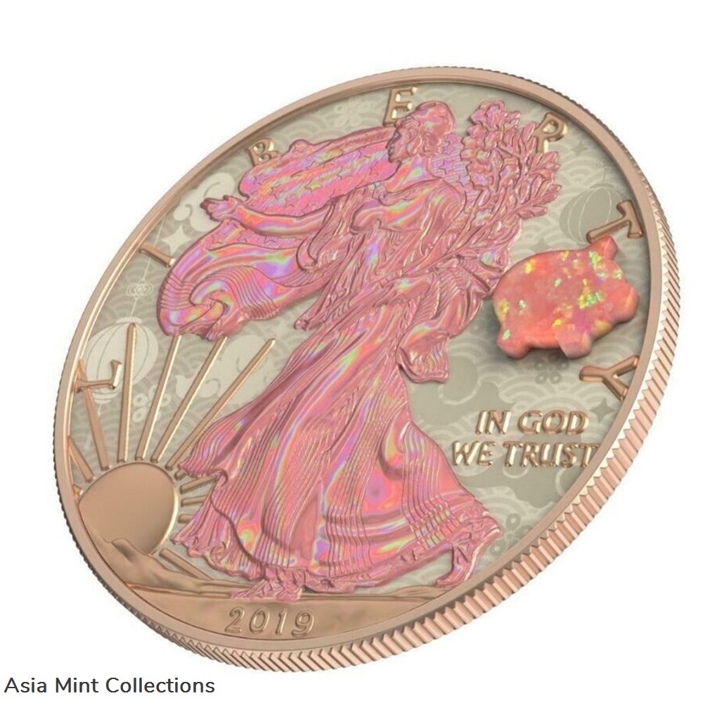 2019 - 1 Oz Silver Coin American Eagle $1 Year of The Pig Amulet Opal Stone 2 coins ingots bullion 2019 1 oz silver coin american eagle 1 year of the pig amulet opal stone