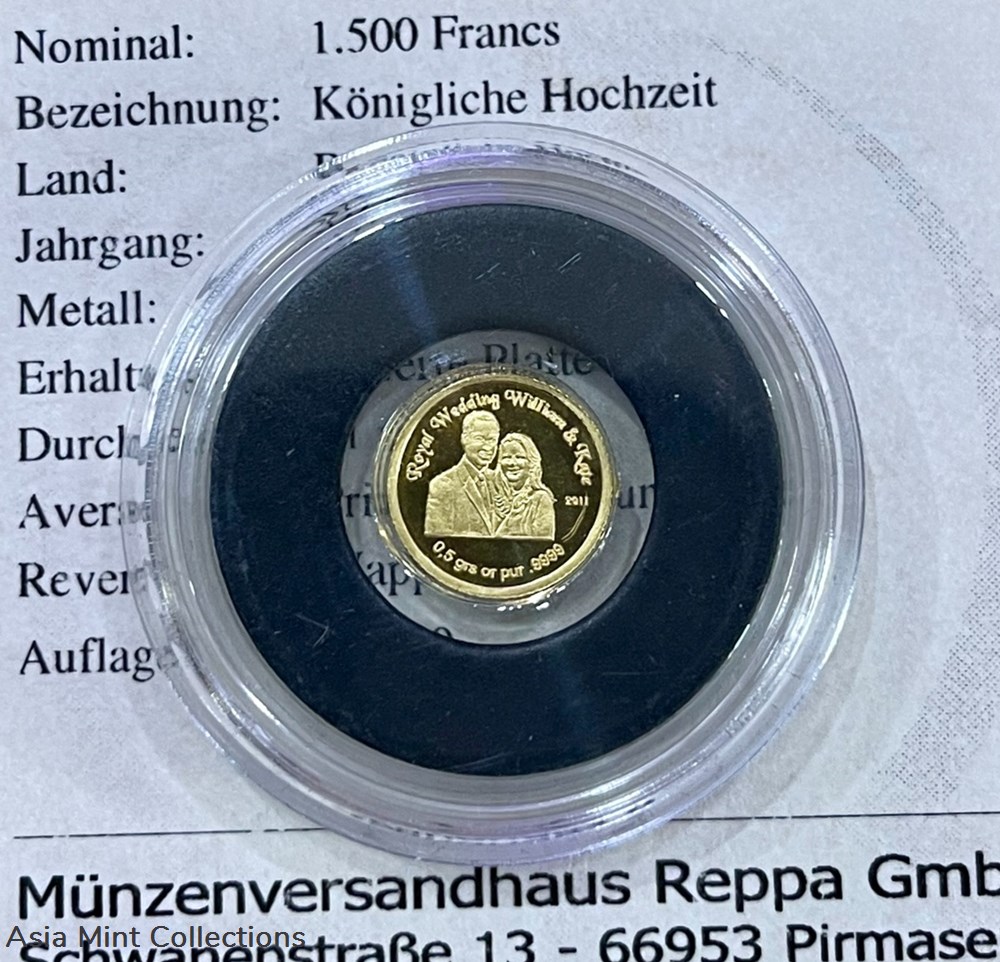 coins ingots bullion coin 2011 benin 1500 francs in 9999 gold 0 5g pp wedding kate william
