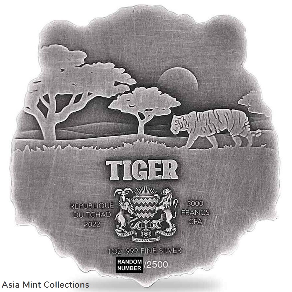 2022 - 1 Oz Silver Coin Chad 5000 Francs CFA Tiger Shaped High Relief Coin 4 coins ingots bullion ingot 2022 1 oz silver coin chad 5000 francs cfa tiger shaped high relief coin