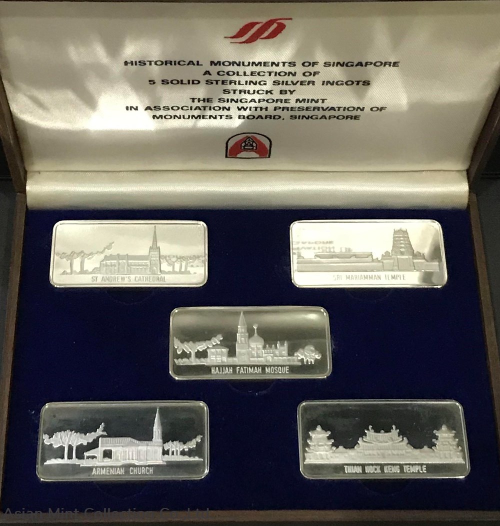 1979 Historical Monuments Of Singapore 🇸🇬 5 Solid Sterling Silver Ingots. coins 1979 historical monuments of singapore 5 solid sterling silver ingots