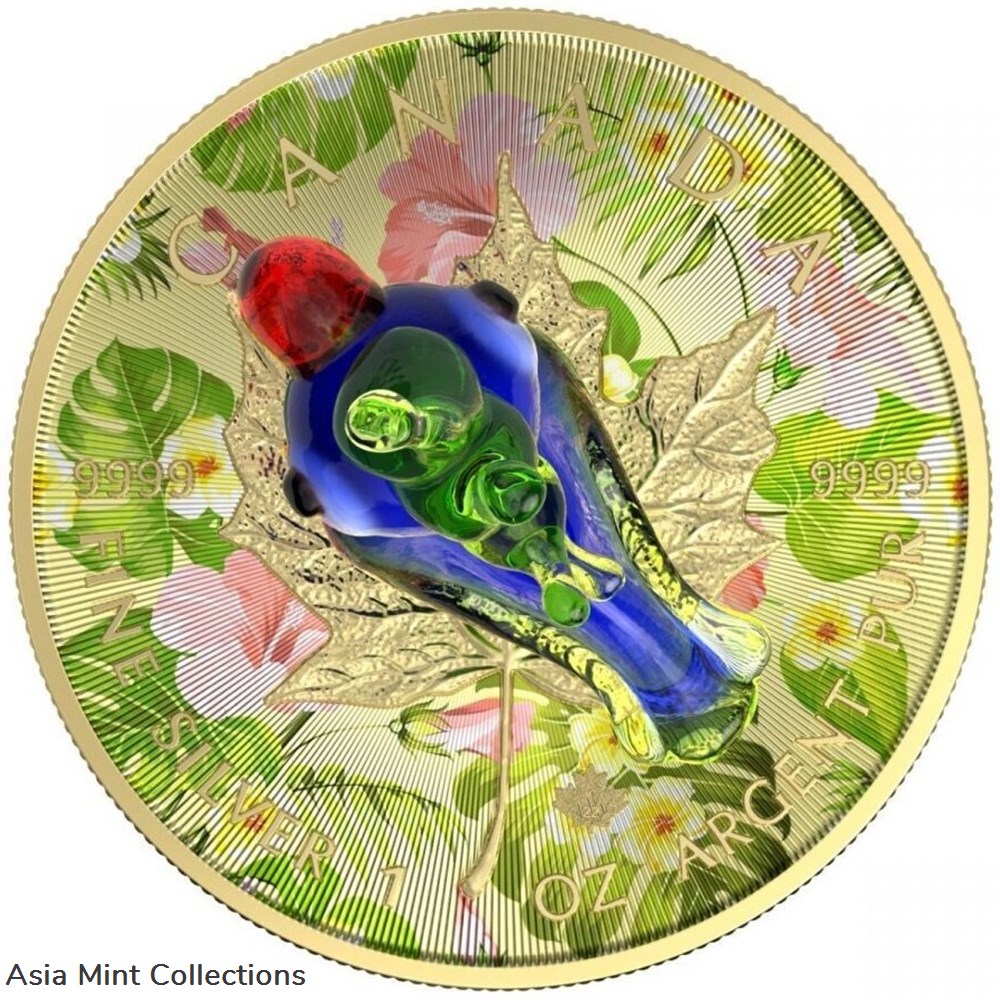 2022 - 1 Oz Silver Coin $5 Canada Maple Leaf Murano Glass Series - Parrot 4 coins ingots bullion 2022 1 oz silver coin 5 canada maple leaf murano glass series parrot