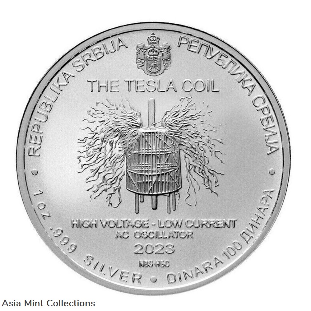 coins ingots bullion coin 2023 nikola tesla the tesla coil 1oz silver 9999 serbia 100 dinar st bu