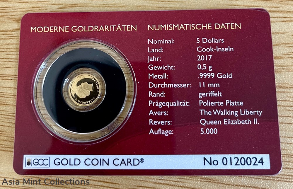 2017 - Gold Coin Card - Cook Islands $5 Gold PP Walking Liberty coins ingots bullion 2017 gold coin card cook islands 5 gold pp walking liberty