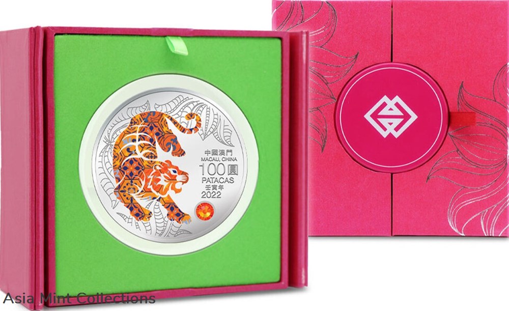 2022 - Macau Year of the Tiger 5 oz Silver Proof Color Coin coins ingots bullion 2022 macau year of the tiger 5 oz silver proof color coin
