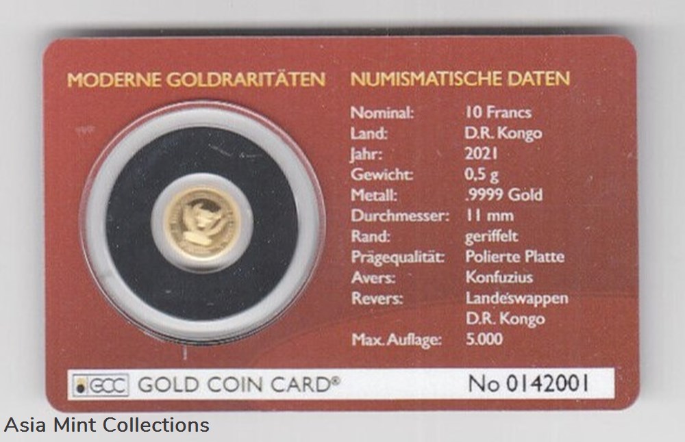 2021 - Gold Coin Card - Congo 10 Francs Gold PP Confucius coins ingots bullion 2021 gold coin card congo 10 francs gold pp confucius