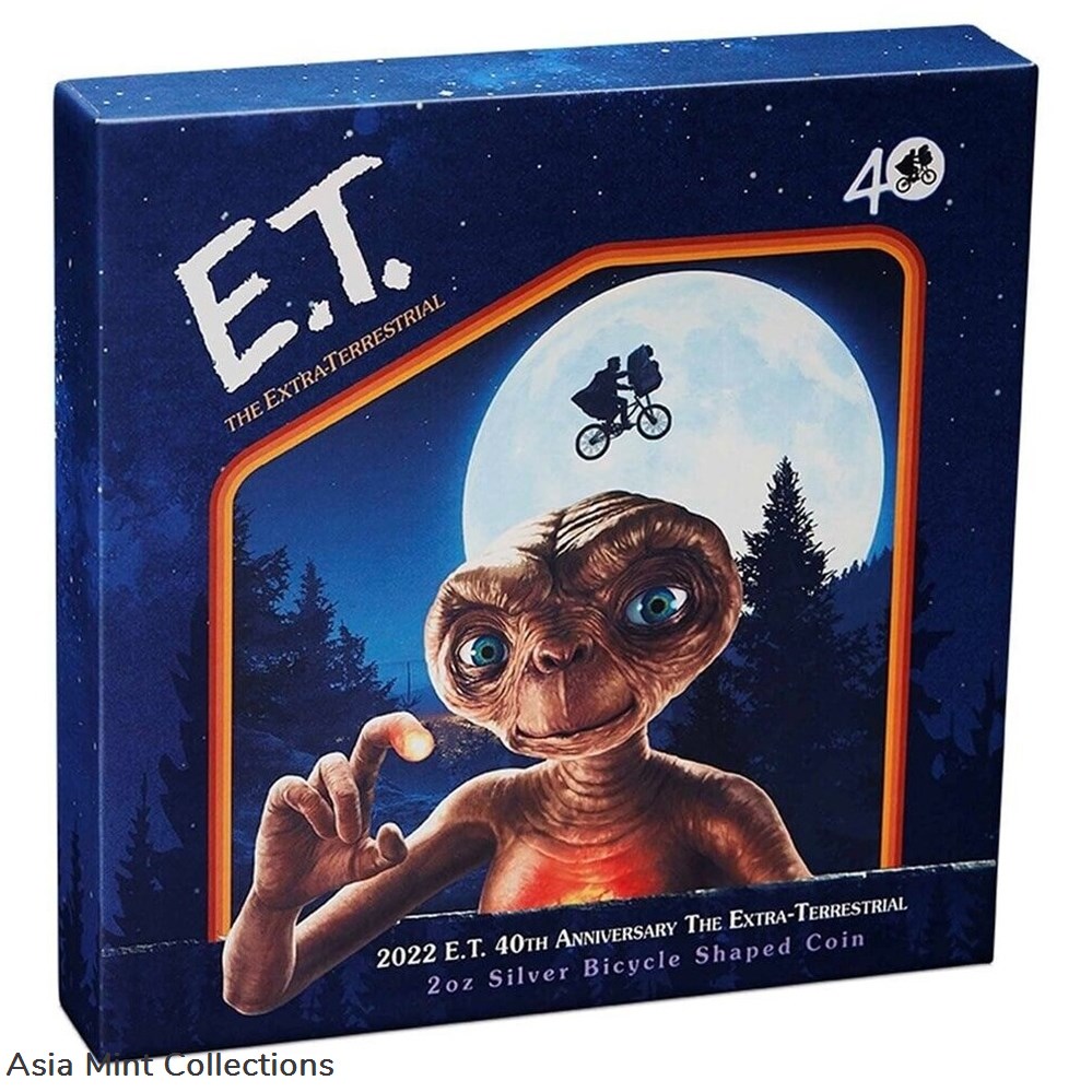 2022 Niue E.T. The Extra Terrestrial 40th Ann. 2oz Silver Bicycle Shaped Coin 2 coins ingots bullion 2022 niue e t the extra terrestrial 40th ann 2oz silver bicycle shaped coin