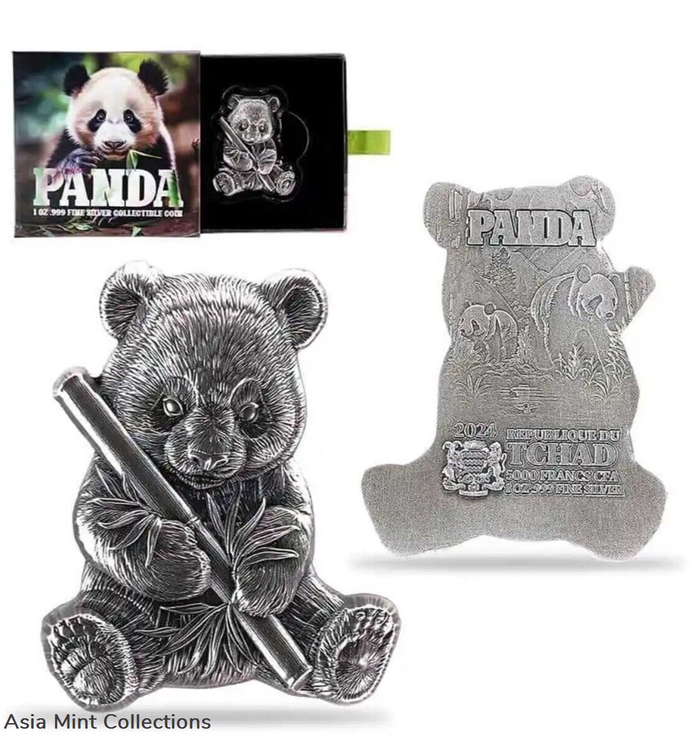 2024 Chad Panda Shaped High Relief 1 oz .999 Silver Coin Box/COA Mintage 1000 5 coins ingots bullion 2024 chad panda shaped high relief 1 oz 999 silver coin box coa mintage 1000
