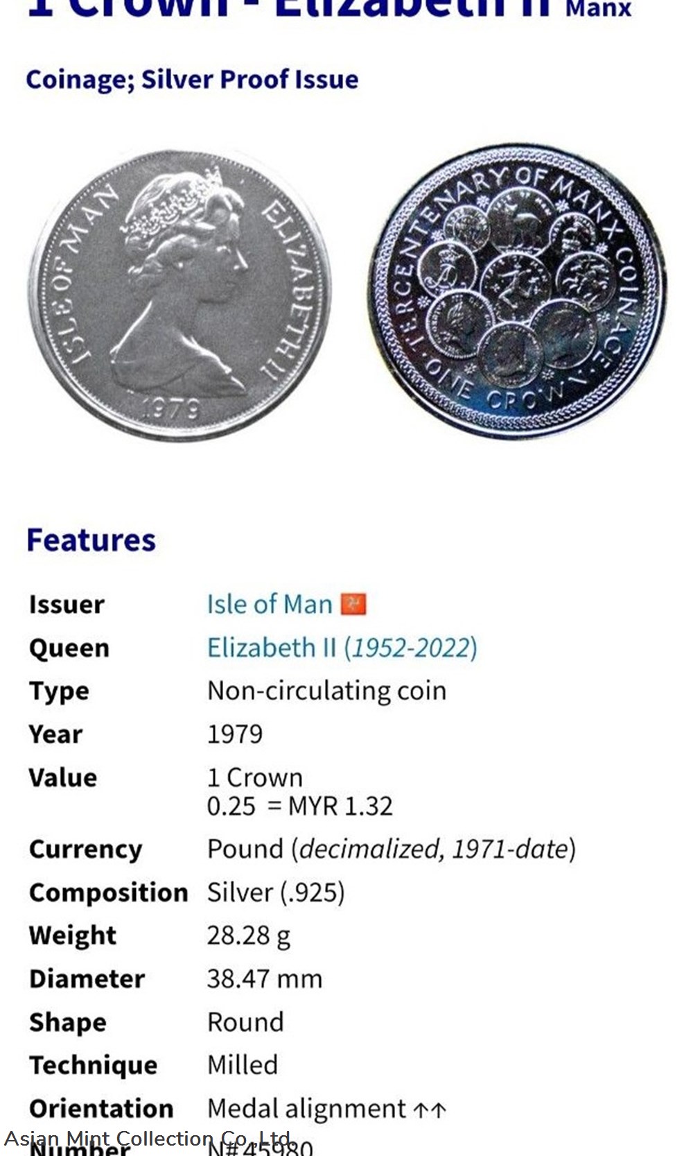 1979 PM Isle of Man 1 Crown - Manx Coinage ( 38.47mm Silver.925) 5 coins world 1979 pm isle of man 1 crown manx coinage 38 47mm silver 925
