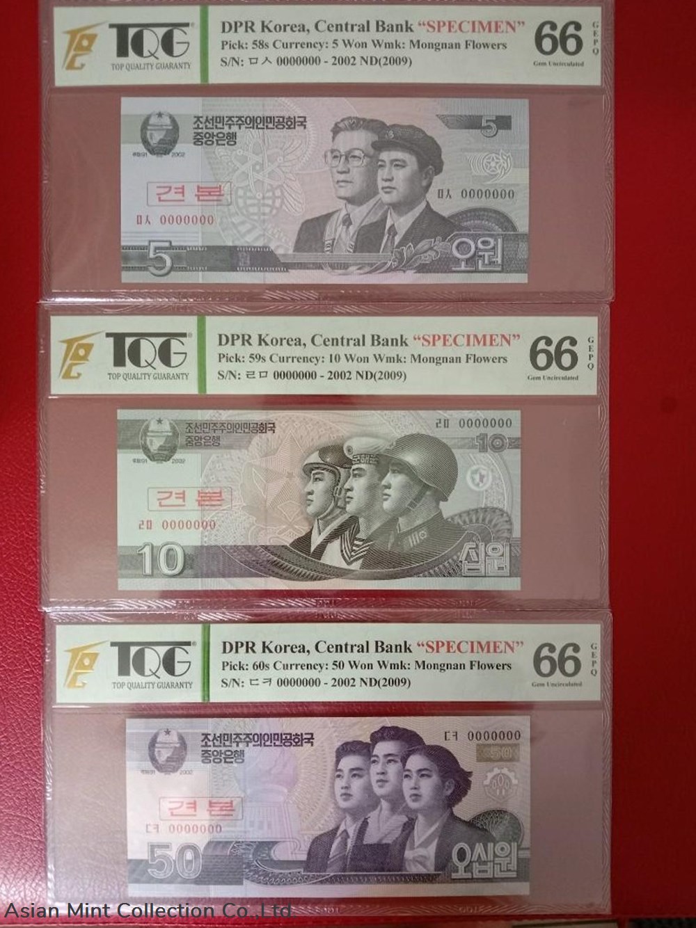 2009 - North Korea Central Bank 2002 5, 10 & 50 Won Specimen - 3 pcs 2 banknotes asia 2009 north korea central bank 2002 5 10 50 won specimen 3 pcs