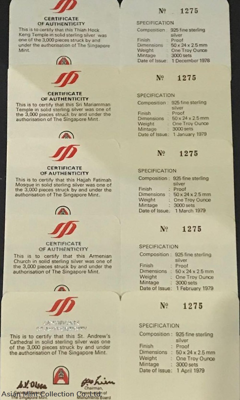 1979 Historical Monuments Of Singapore 🇸🇬 5 Solid Sterling Silver Ingots. 4 coins 1979 historical monuments of singapore 5 solid sterling silver ingots