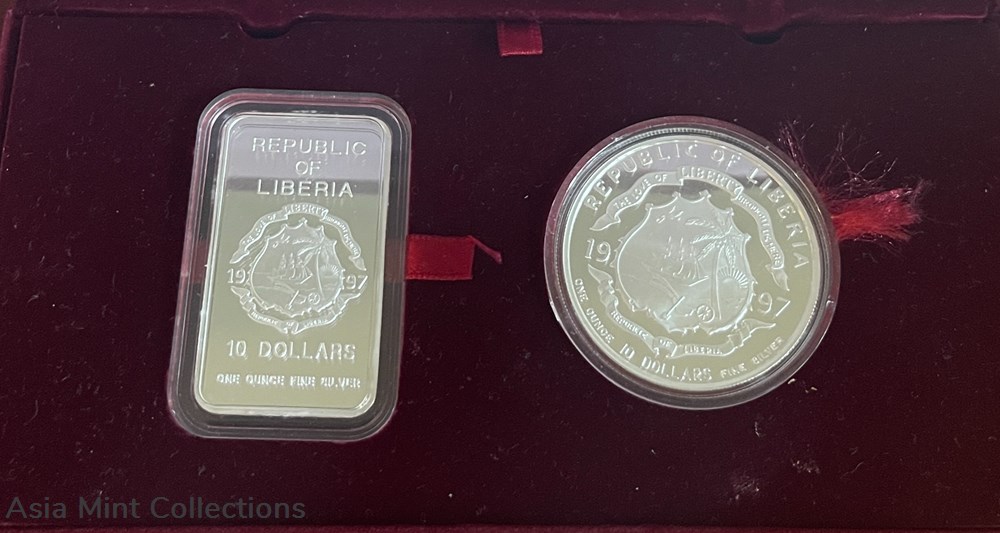1997 Liberia Hong Kong & Macau Return China Silver 2-Coin Sets - (Square + Round Shape) 2 coins ingots bullion 1997 liberia hong kong macau return china silver 2 coin sets square round shape