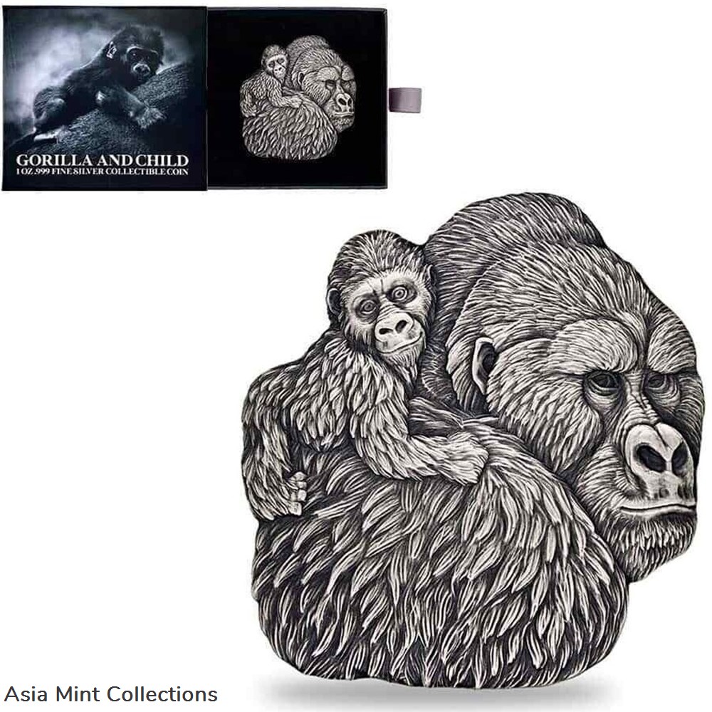 2023 - 1 Oz Silver Coin Chad 5000 CFA Gorilla & Child Shaped Antiqued High Relief 4 coins ingots bullion 2023 1 oz silver coin chad 5000 cfa gorilla child shaped antiqued high relief
