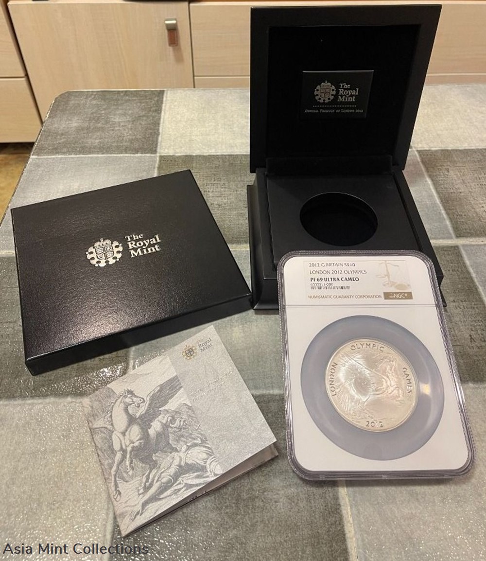 2012 London £10 Olympic Pegasus Silver Proof 5oz Coin - NGC PF69 3 coins ingots bullion 2012 london 10 olympic pegasus silver proof 5oz coin ngc pf69
