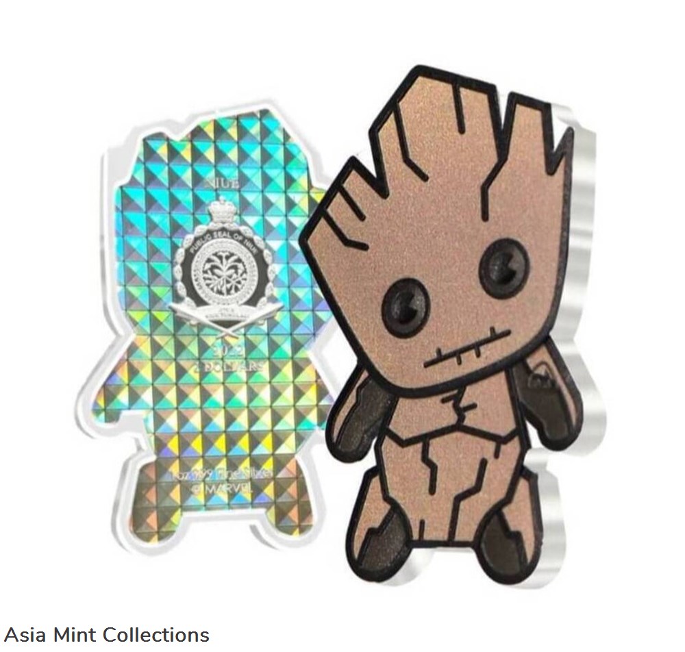 2022 Niue Marvel Kawaii Groot 1oz Silver Shaped Proof Coin 3 coins ingots bullion 2022 niue marvel kawaii groot 1oz silver shaped proof coin