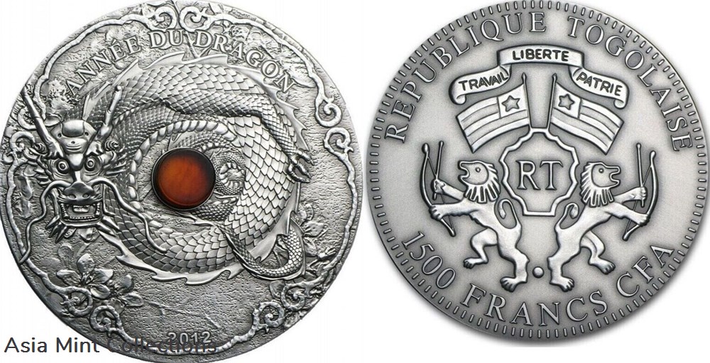 2012 - Togo 1500 Francs Year of the Dragon Amber Lunar “1” 2 Oz Silver Coin coins ingots bullion 2012 togo 1500 francs year of the dragon amber lunar 1 2 oz silver coin