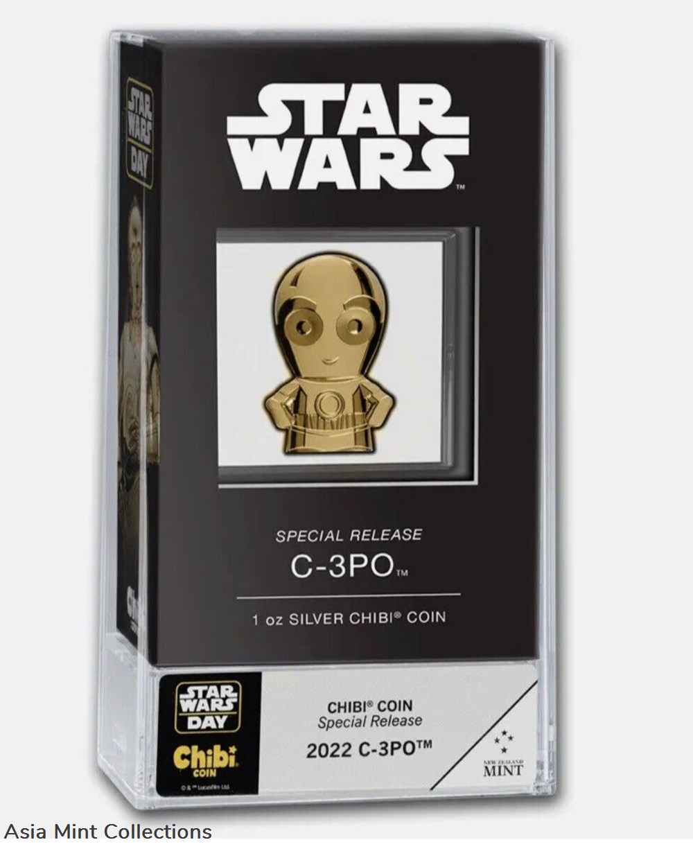 2022 Niue C-3PO C3PO Chibi 1 oz silver proof gilded Star War Day Mintage 2000 3 coins ingots bullion coin 2022 niue c 3po c3po chibi 1 oz silver proof gilded star war day mintage 2000