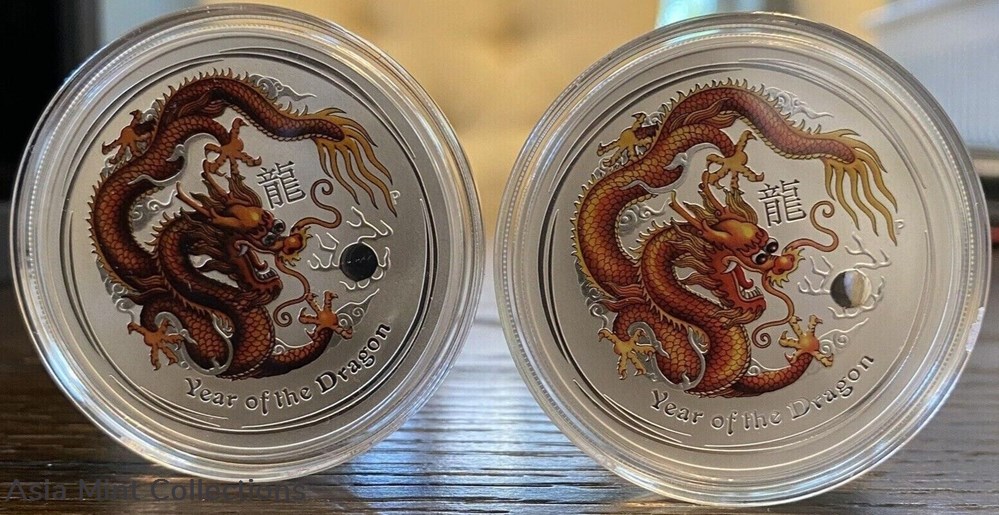 2012 - Silver and gold proof coins, Australia's 10-color dragon set. 2 ingots bullion 2012 silver and gold proof coins australia s 10 color dragon set