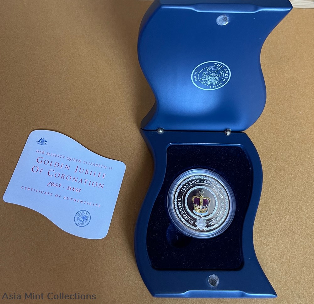 2003 - AUSTRALIA $1 GOLDEN JUBILEE OF CORONATION 1 oz 99.9 SILVER COIN coins ingots bullion 2003 australia 1 golden jubilee of coronation 1 oz 99 9 silver coin