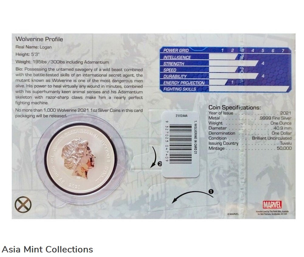 coins ingots bullion coin 2021 wolverine marvel 9999 1oz silver on card perth mint limited to 1000 rare