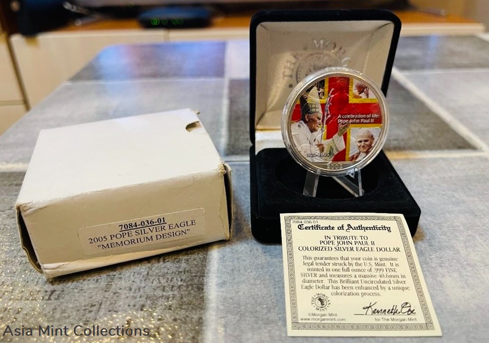 2005 America Silver Eagle $1 Colorized Enhanced Pope John Paul II Silver Coin - 1oz 4 coins ingots bullion 2005 america silver eagle 1 colorized enhanced pope john paul ii silver coin 1oz