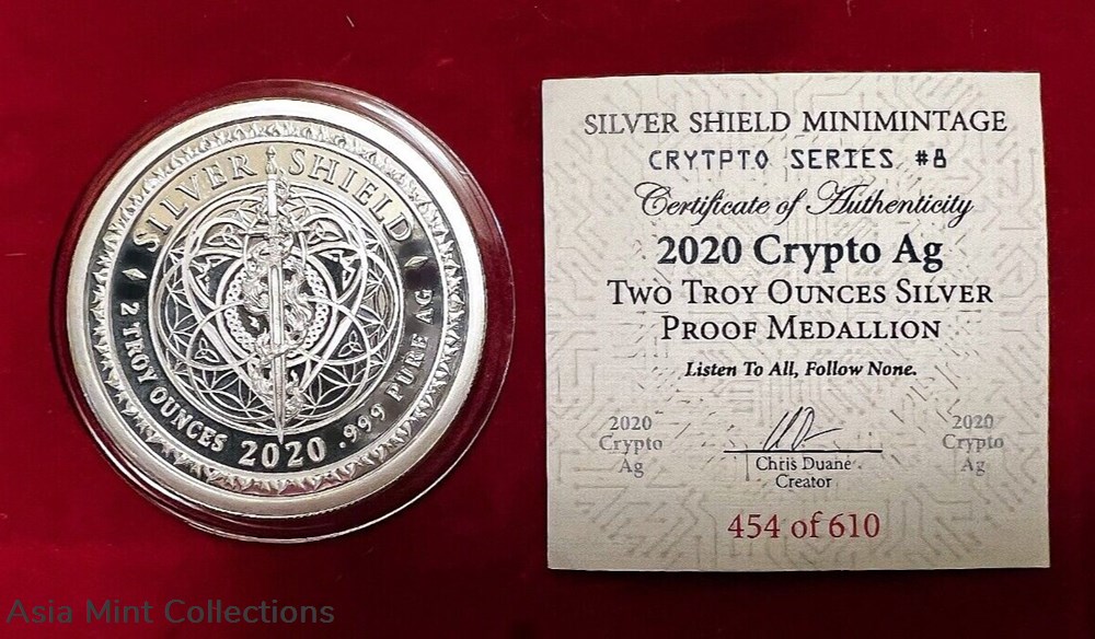 2020 - 2 Oz. .999 Fine SILVER SHIELD PROOF CRYPTO AG Mini Mintage ROUND COIN COA # 454 coins ingots bullion 2020 2 oz 999 fine silver shield proof crypto ag mini mintage round coin coa 454