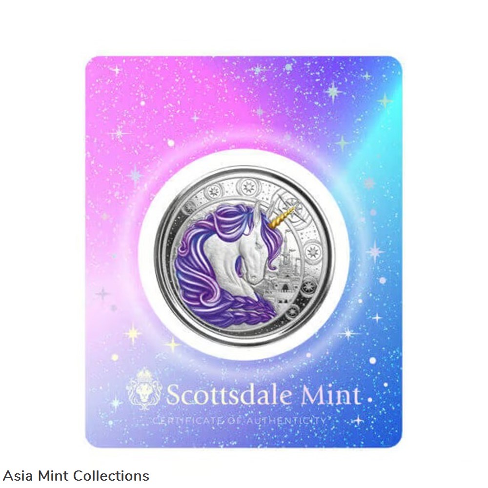2023 - Ghana Unicorn ""Aurora"" 1oz Silver 999 Color with Certi Log Coincard 3 coins ingots bullion 2023 ghana unicorn aurora 1oz silver 999 color with certi log coincard