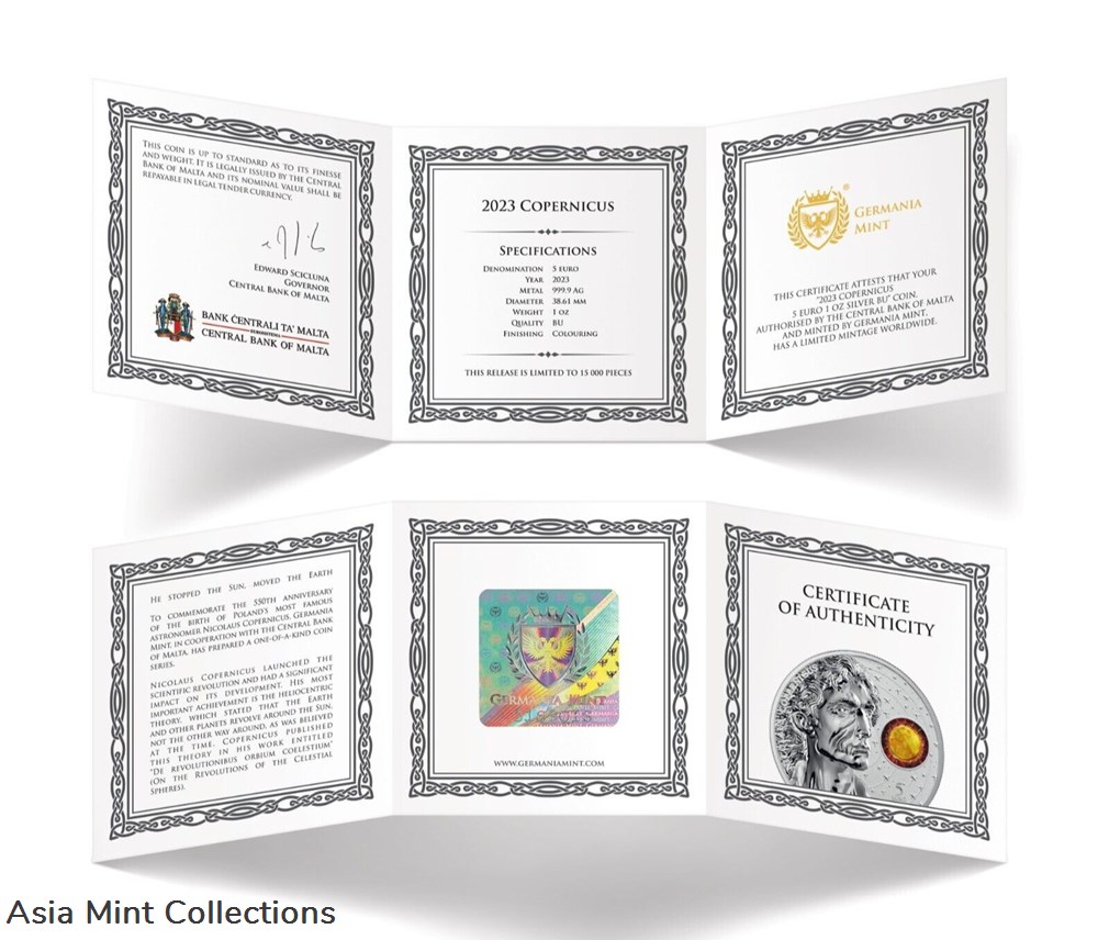 2023 - Malta Copernicus 1 oz Silver 999.9 5 Euro Color in Original Folder BU 5 coins ingots bullion coin 2023 malta copernicus 1 oz silver 999 9 5 euro color in original folder bu