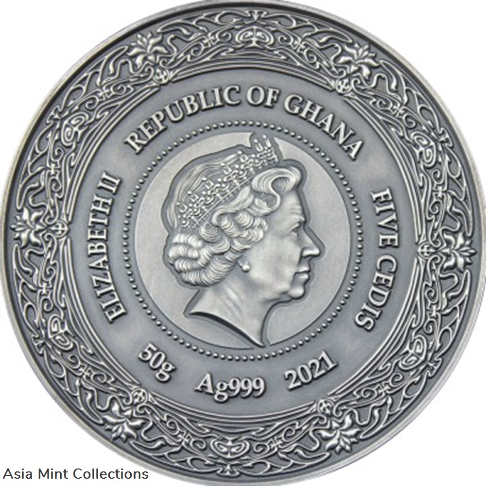 2021 - Ix Chel Goddesses of Health 50 g Antique finish Silver Coin 5 Cedis Ghana 5 coins ingots bullion 2021 ix chel goddesses of health 50 g antique finish silver coin 5 cedis ghana